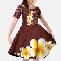 Oxblood Tropical Plumeria With Galaxy Polynesian Art Kid Short Sleeve Dress