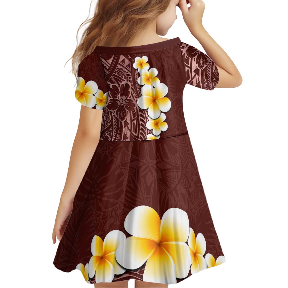 Oxblood Tropical Plumeria With Galaxy Polynesian Art Kid Short Sleeve Dress