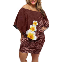 Oxblood Tropical Plumeria With Galaxy Polynesian Art Off Shoulder Short Dress