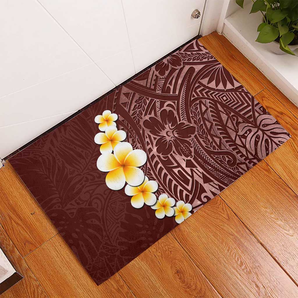 Oxblood Tropical Plumeria With Galaxy Polynesian Art Rubber Doormat
