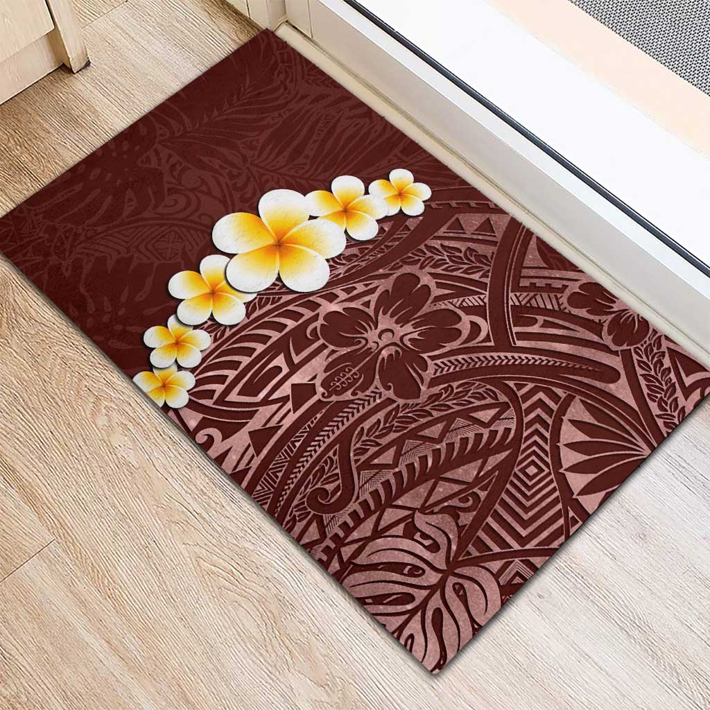 Oxblood Tropical Plumeria With Galaxy Polynesian Art Rubber Doormat