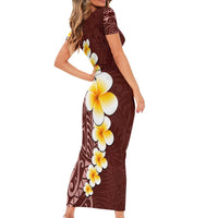 Oxblood Tropical Plumeria With Galaxy Polynesian Art Short Sleeve Bodycon Dress