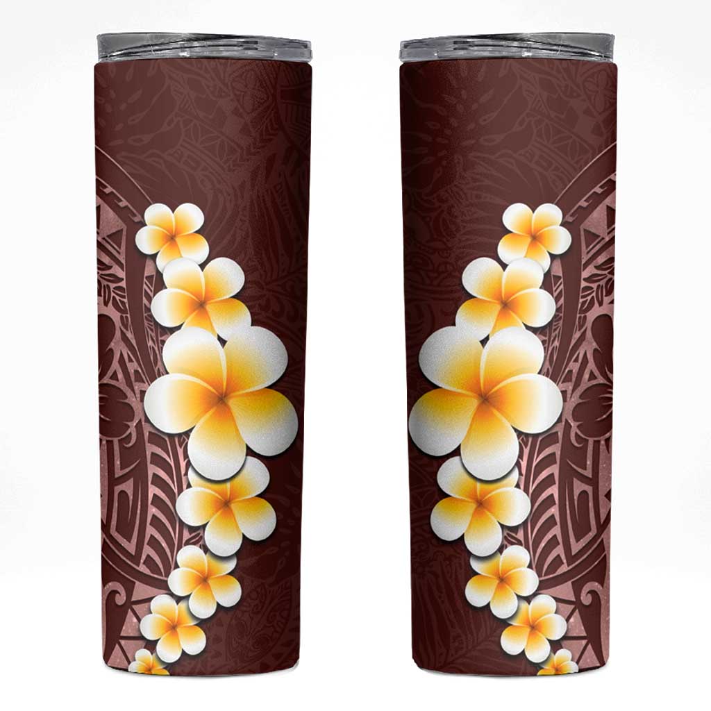 Oxblood Tropical Plumeria With Galaxy Polynesian Art Skinny Tumbler