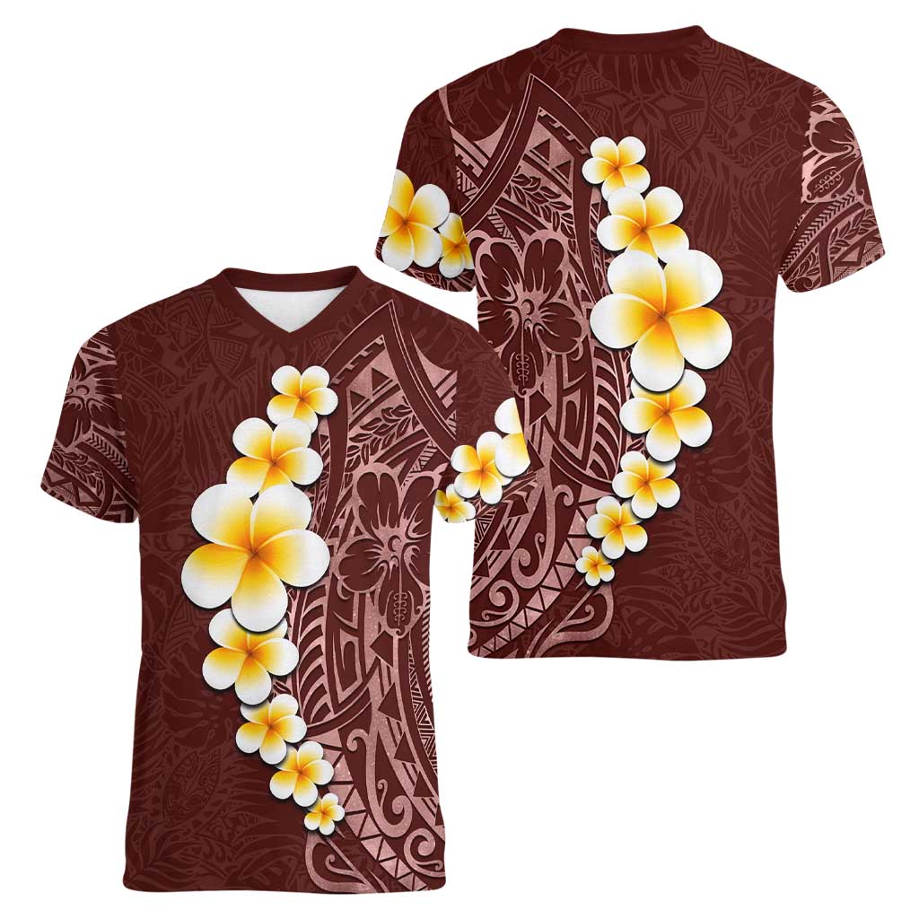 Oxblood Tropical Plumeria With Galaxy Polynesian Art Women V-Neck T-Shirt