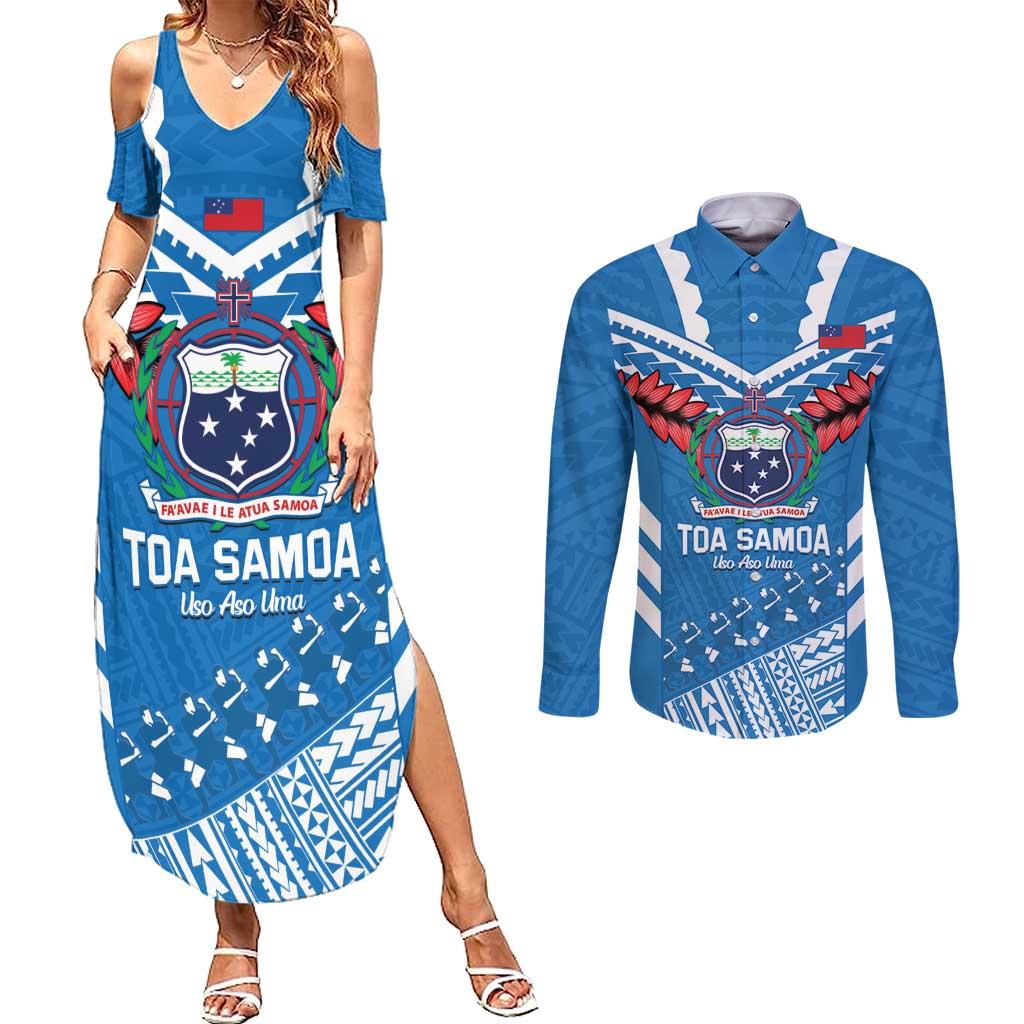 Custom Toa Samoa Rugby Couples Matching Summer Maxi Dress and Long Sleeve Button Shirt Samoan Siva Tau Uso Aso Uma