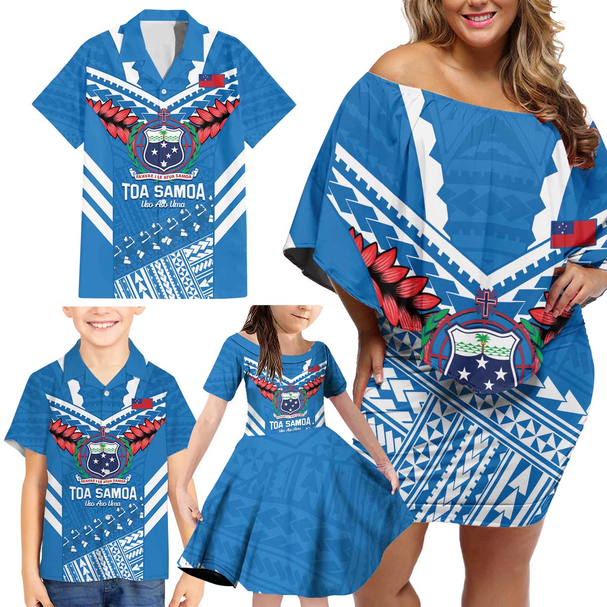 Custom Toa Samoa Rugby Family Matching Off Shoulder Short Dress and Hawaiian Shirt Samoan Siva Tau Uso Aso Uma