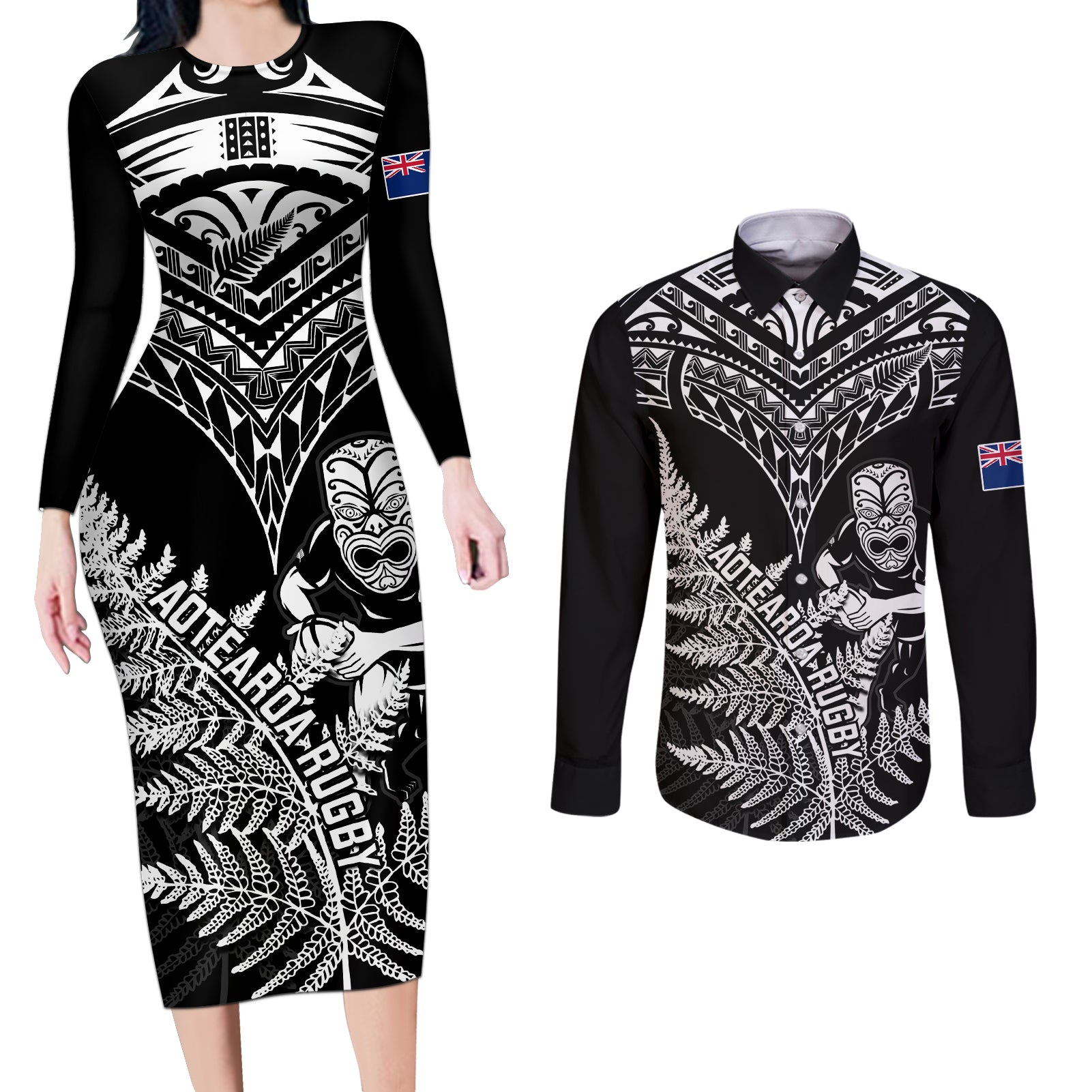 New Zealand Silver Fern Rugby Couples Matching Long Sleeve Bodycon Dress and Long Sleeve Button Shirts Go All Black 2023 World Cup LT14 Black - Polynesian Pride