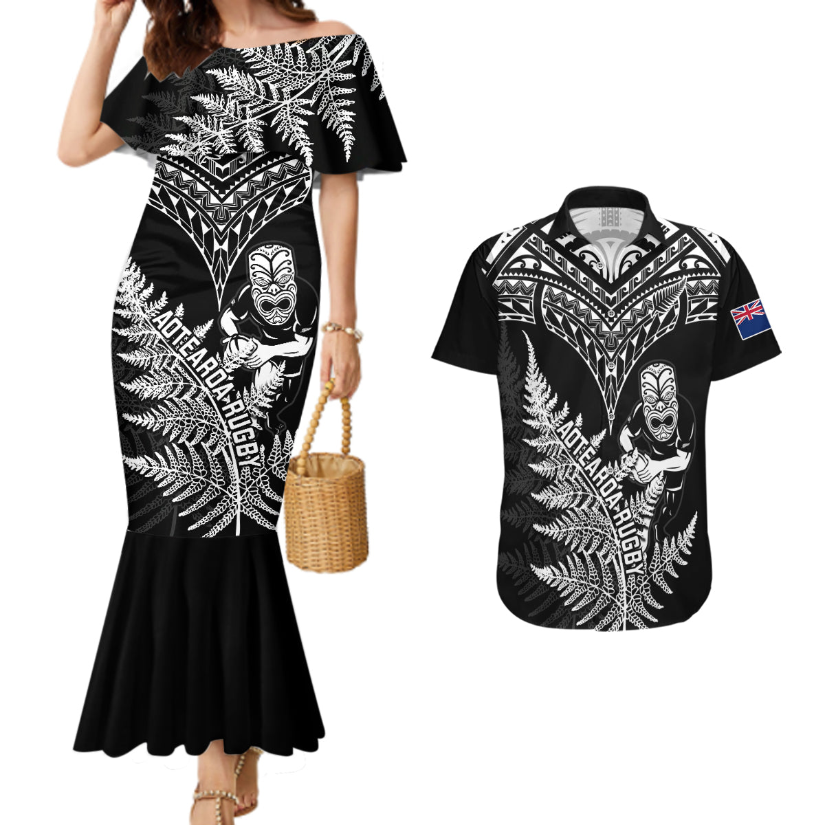 New Zealand Silver Fern Rugby Couples Matching Mermaid Dress and Hawaiian Shirt Go All Black 2023 World Cup LT14 Black - Polynesian Pride