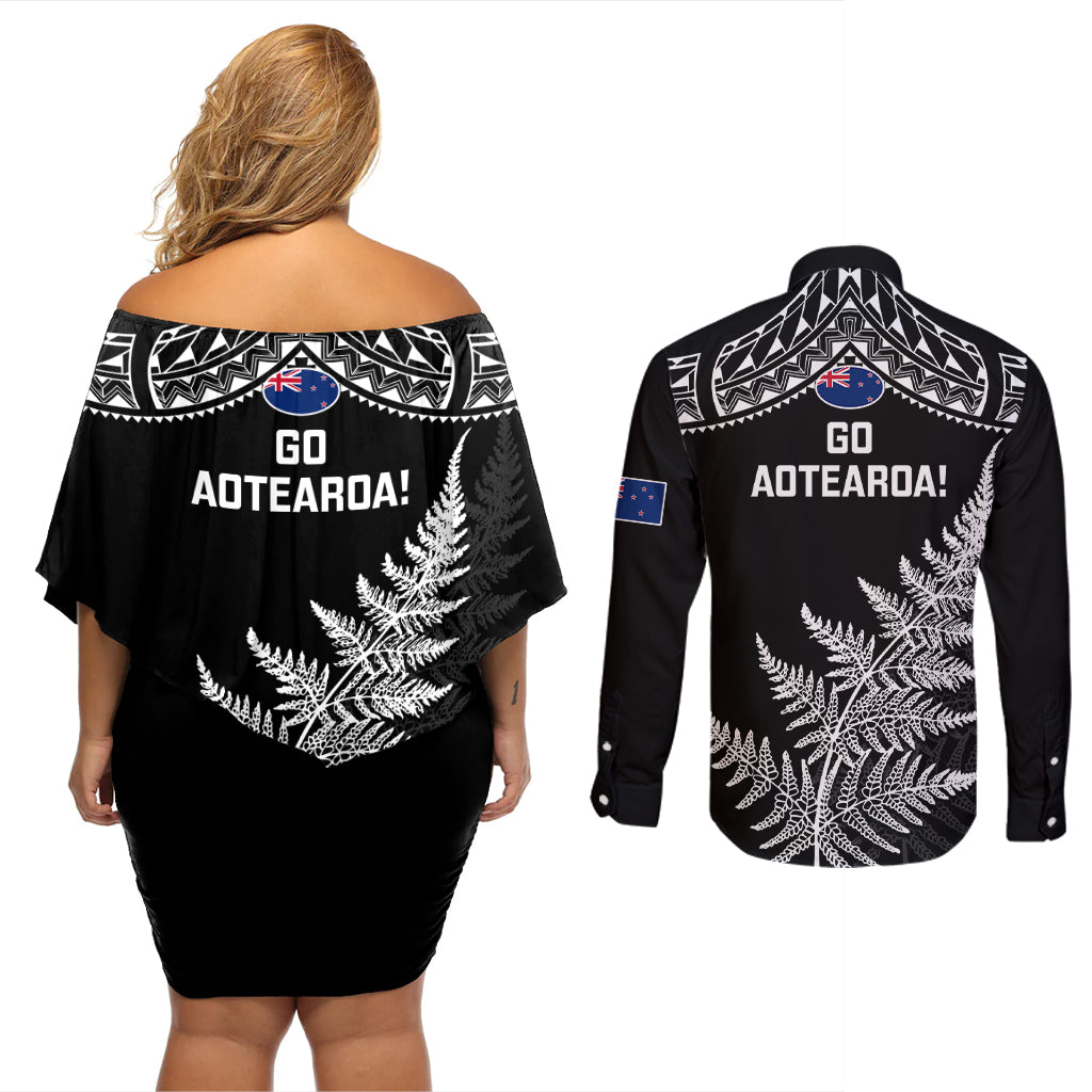 New Zealand Silver Fern Rugby Couples Matching Off Shoulder Short Dress and Long Sleeve Button Shirts Go All Black 2023 World Cup LT14 - Polynesian Pride