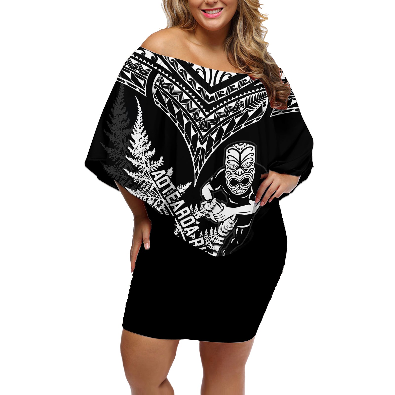 New Zealand Silver Fern Rugby Off Shoulder Short Dress Go All Black 2023 World Cup LT14 Women Black - Polynesian Pride