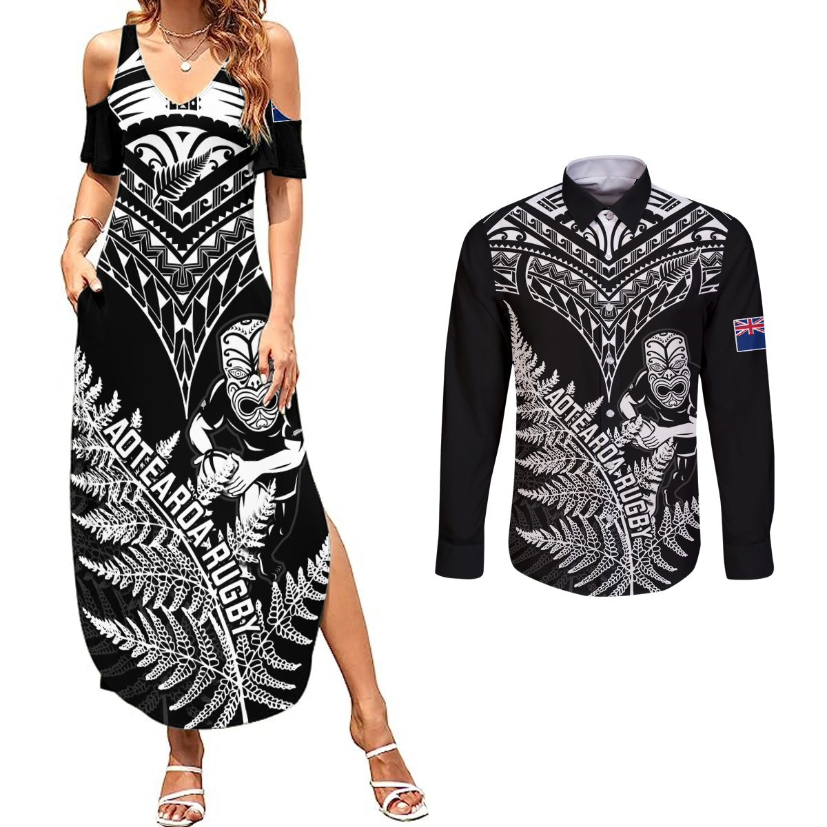 Personalised New Zealand Silver Fern Rugby Couples Matching Summer Maxi Dress and Long Sleeve Button Shirts Go All Black 2023 World Cup LT14 Black - Polynesian Pride