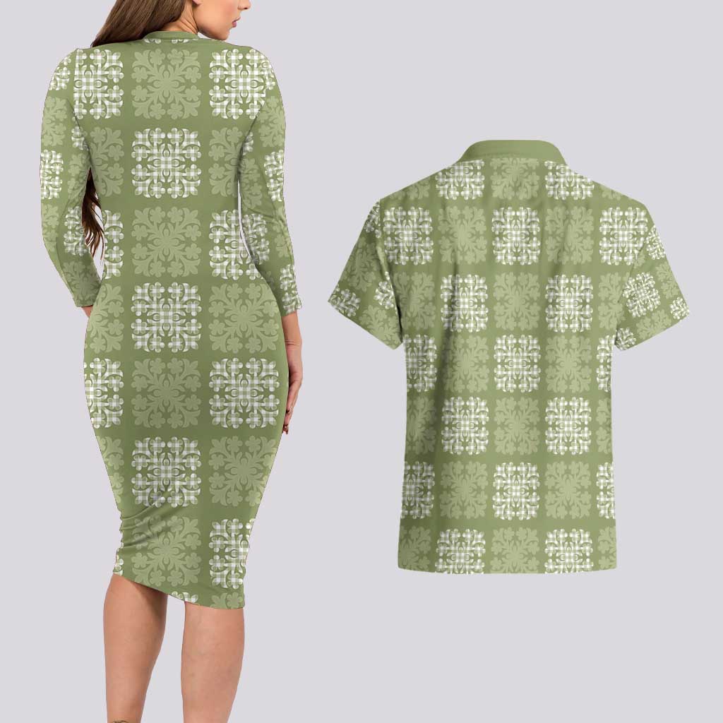 Vesuvian Green Palaka Quilt Hawaii Couples Matching Long Sleeve Bodycon Dress and Hawaiian Shirt Traditional Hawaii-plaid Pattern - Polynesian Pride