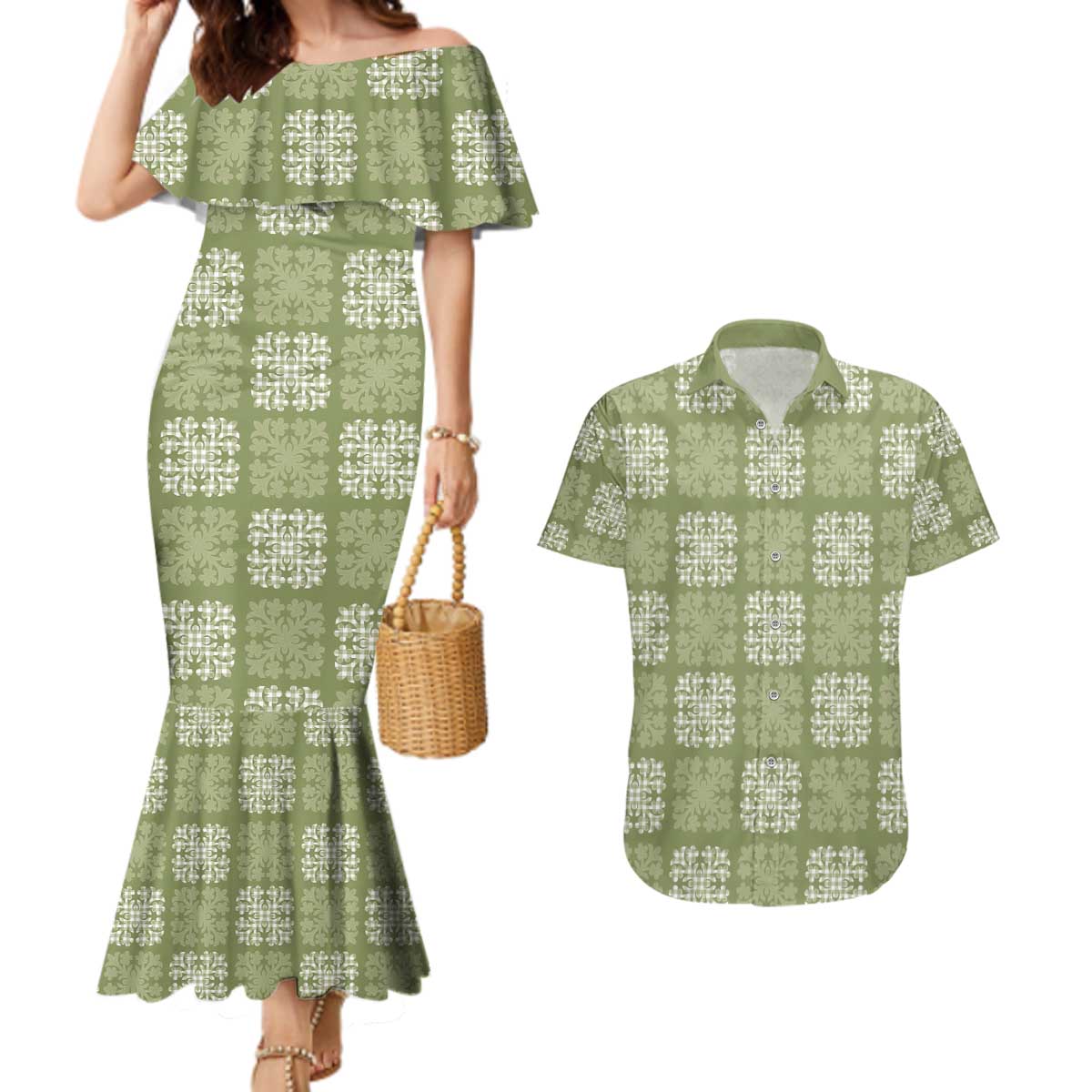 Vesuvian Green Palaka Quilt Hawaii Couples Matching Mermaid Dress and Hawaiian Shirt Traditional Hawaii-plaid Pattern - Polynesian Pride