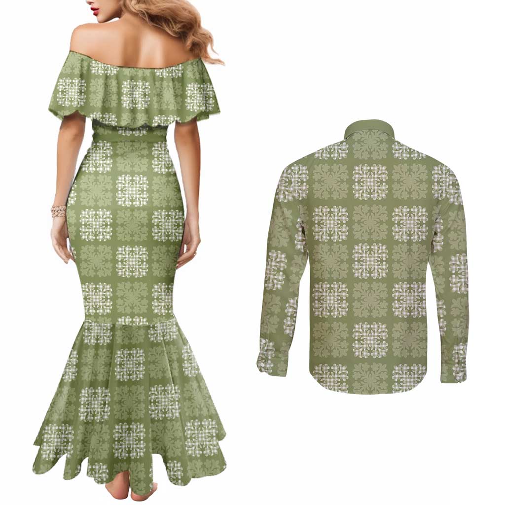 Vesuvian Green Palaka Quilt Hawaii Couples Matching Mermaid Dress and Long Sleeve Button Shirt Traditional Hawaii-plaid Pattern - Polynesian Pride