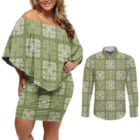 Vesuvian Green Palaka Quilt Hawaii Couples Matching Off Shoulder Short Dress and Long Sleeve Button Shirt Traditional Hawaii-plaid Pattern - Polynesian Pride