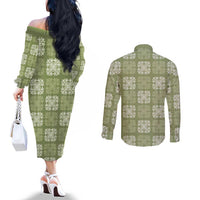 Vesuvian Green Palaka Quilt Hawaii Couples Matching Off The Shoulder Long Sleeve Dress and Long Sleeve Button Shirt Traditional Hawaii-plaid Pattern - Polynesian Pride