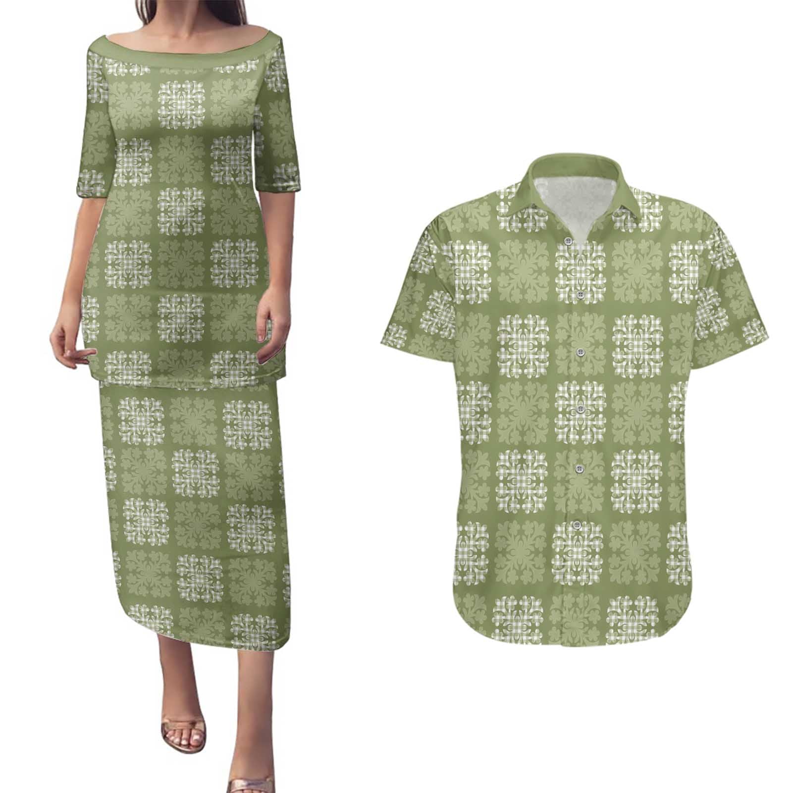 Vesuvian Green Palaka Quilt Hawaii Couples Matching Puletasi and Hawaiian Shirt Traditional Hawaii-plaid Pattern - Polynesian Pride
