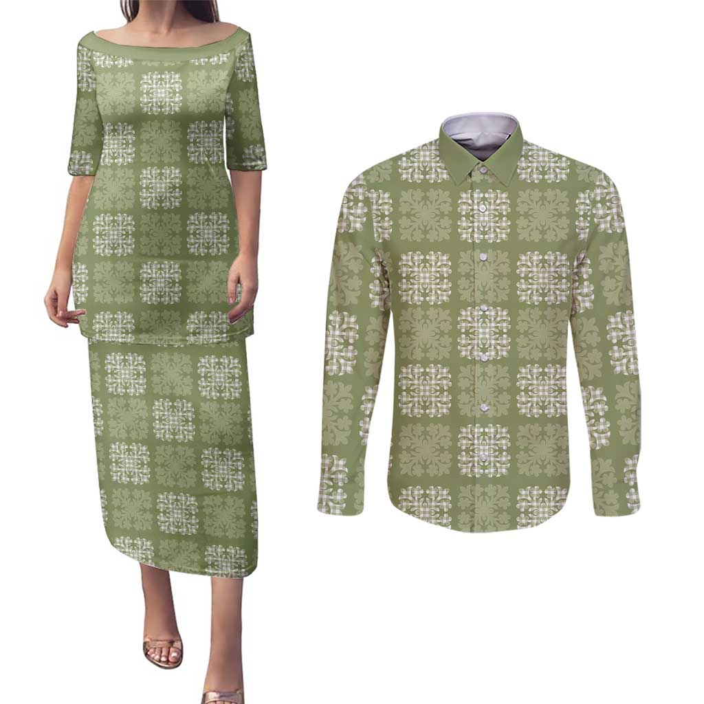 Vesuvian Green Palaka Quilt Hawaii Couples Matching Puletasi and Long Sleeve Button Shirt Traditional Hawaii-plaid Pattern - Polynesian Pride