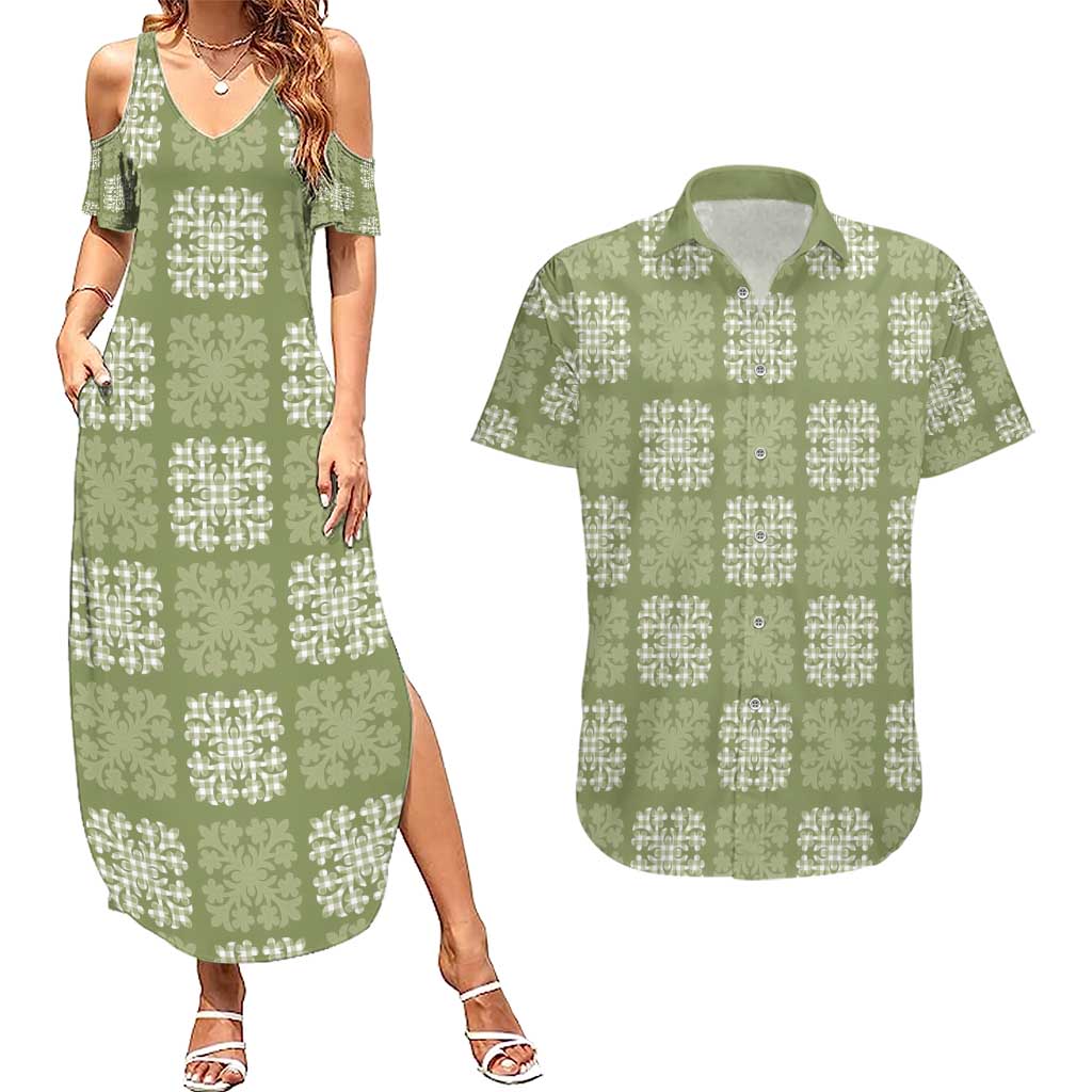 Vesuvian Green Palaka Quilt Hawaii Couples Matching Summer Maxi Dress and Hawaiian Shirt Traditional Hawaii-plaid Pattern - Polynesian Pride