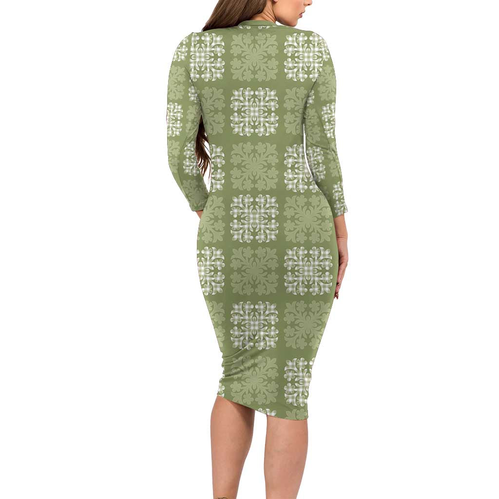 Vesuvian Green Palaka Quilt Hawaii Family Matching Long Sleeve Bodycon Dress and Hawaiian Shirt Traditional Hawaii-plaid Pattern LT14 - Polynesian Pride
