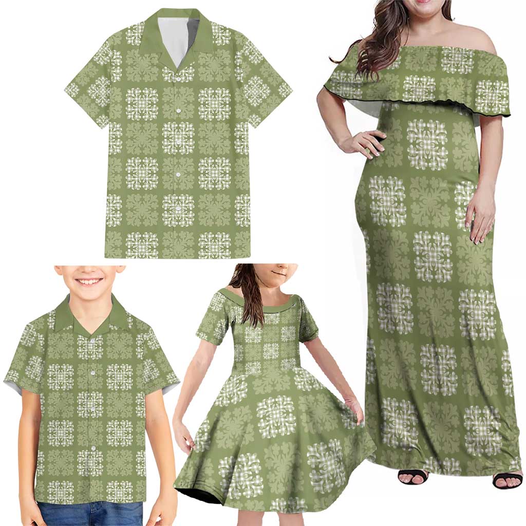 Vesuvian Green Palaka Quilt Hawaii Family Matching Off Shoulder Maxi Dress and Hawaiian Shirt Traditional Hawaii-plaid Pattern - Polynesian Pride