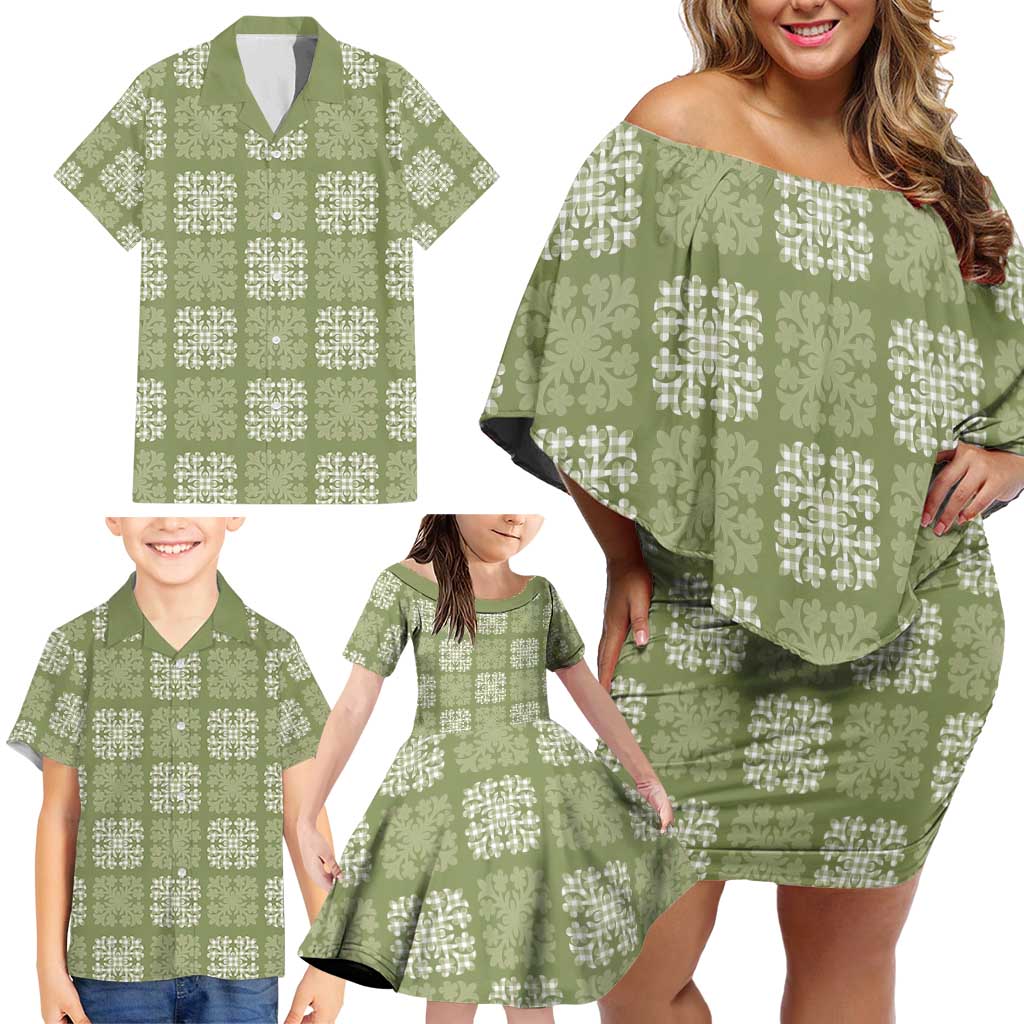 Vesuvian Green Palaka Quilt Hawaii Family Matching Off Shoulder Short Dress and Hawaiian Shirt Traditional Hawaii-plaid Pattern - Polynesian Pride
