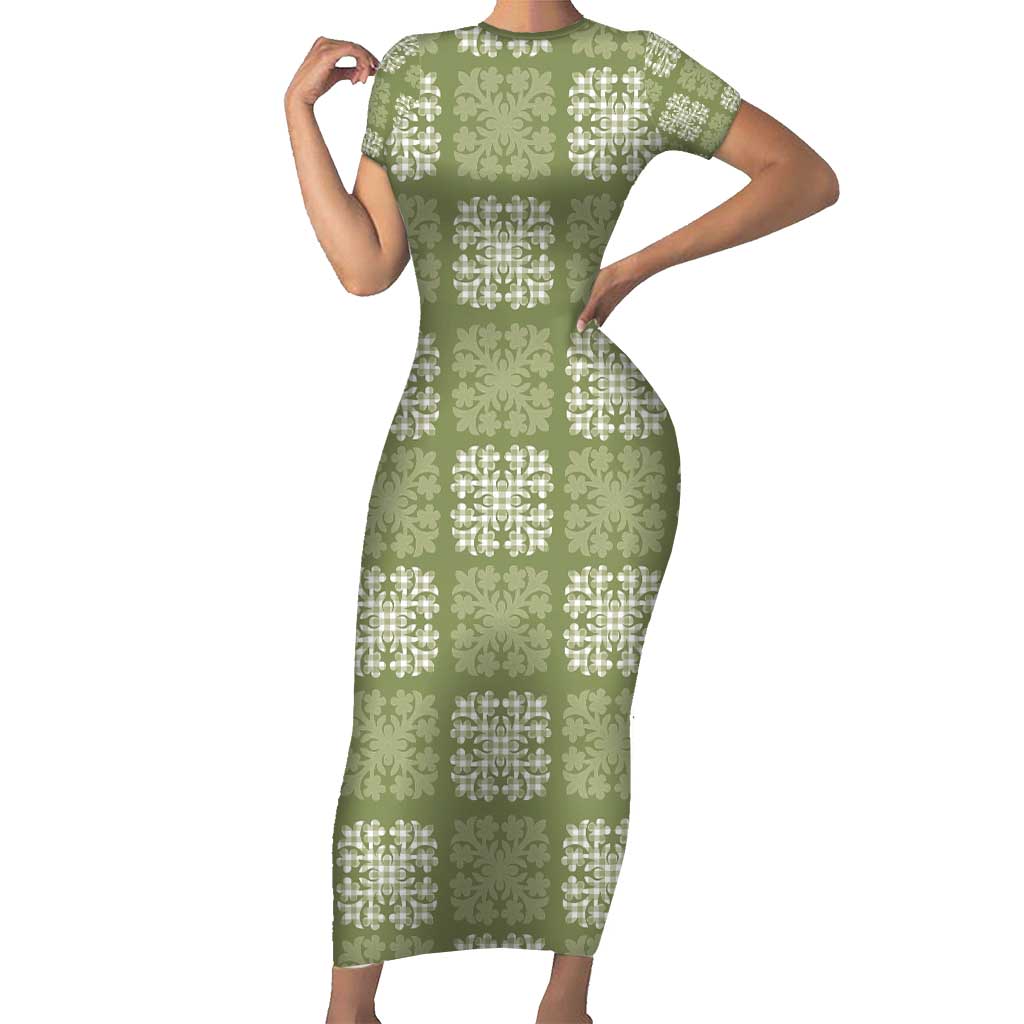 Vesuvian Green Palaka Quilt Hawaii Family Matching Short Sleeve Bodycon Dress and Hawaiian Shirt Traditional Hawaii-plaid Pattern LT14 Mom's Dress Vesuvian Green - Polynesian Pride