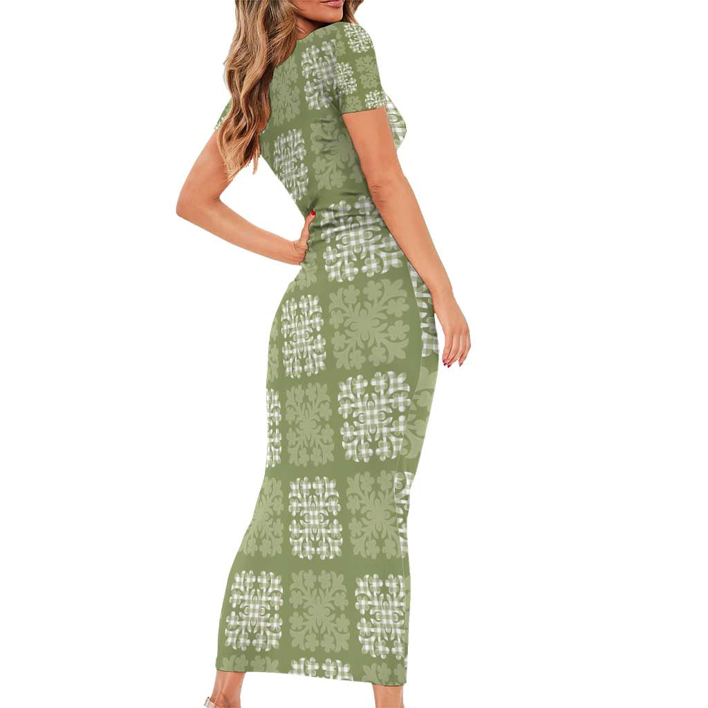 Vesuvian Green Palaka Quilt Hawaii Family Matching Short Sleeve Bodycon Dress and Hawaiian Shirt Traditional Hawaii-plaid Pattern LT14 - Polynesian Pride