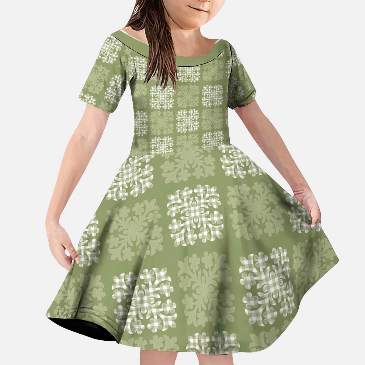 Vesuvian Green Palaka Quilt Hawaii Kid Short Sleeve Dress Traditional Hawaii-plaid Pattern - Polynesian Pride