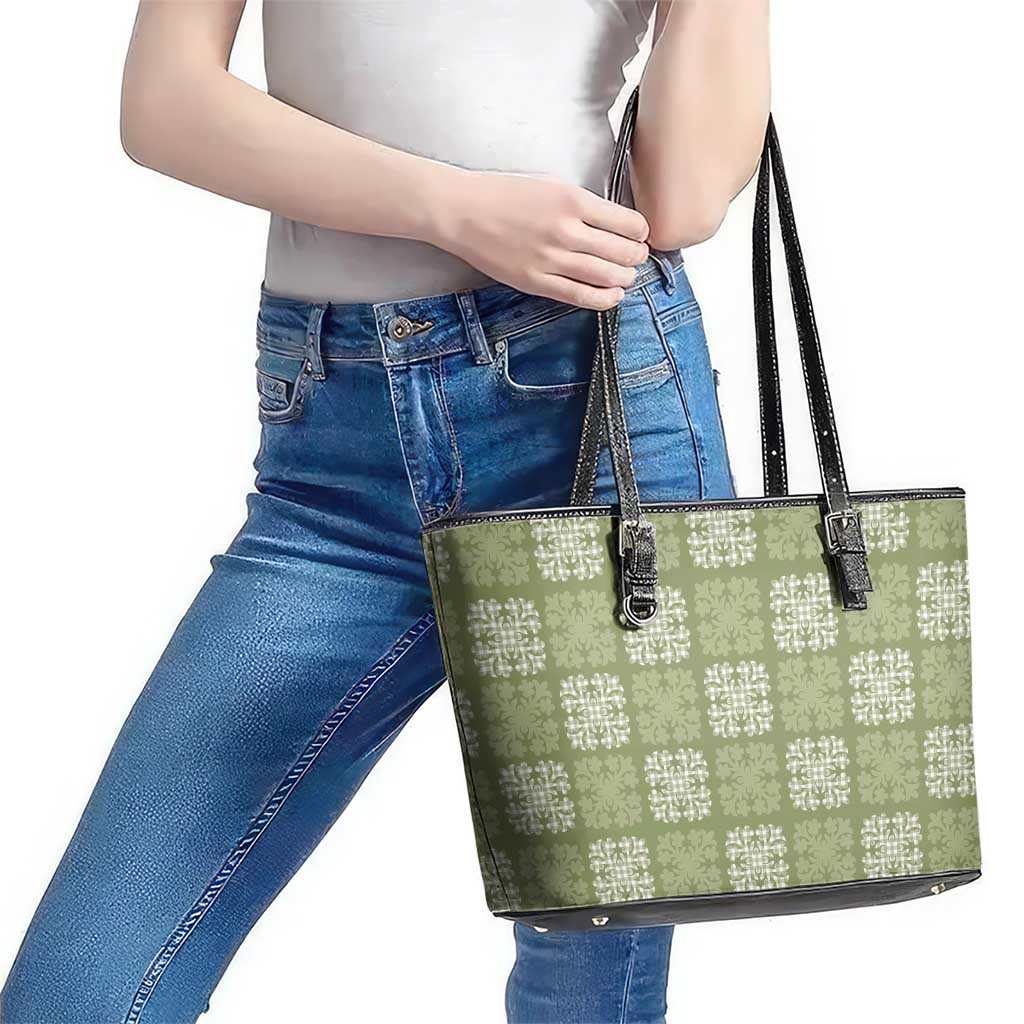 Vesuvian Green Palaka Quilt Hawaii Leather Tote Bag Traditional Hawaii-plaid Pattern - Polynesian Pride