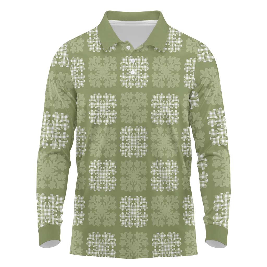 Vesuvian Green Palaka Quilt Hawaii Long Sleeve Polo Shirt Traditional Hawaii-plaid Pattern - Polynesian Pride
