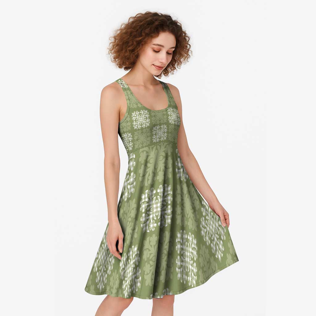 Vesuvian Green Palaka Quilt Hawaii Midi Dress Traditional Hawaii-plaid Pattern - Polynesian Pride