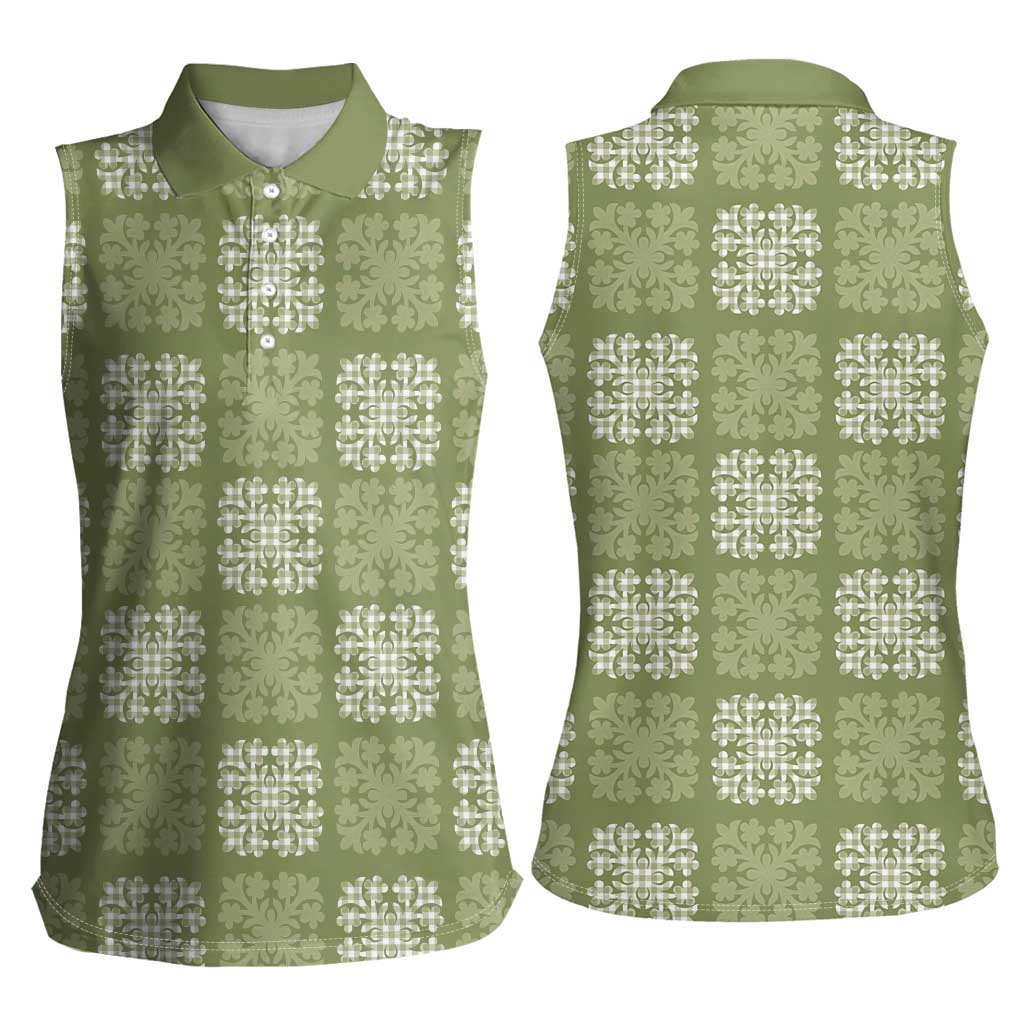 Vesuvian Green Palaka Quilt Hawaii Women Sleeveless Polo Shirt Traditional Hawaii-plaid Pattern - Polynesian Pride