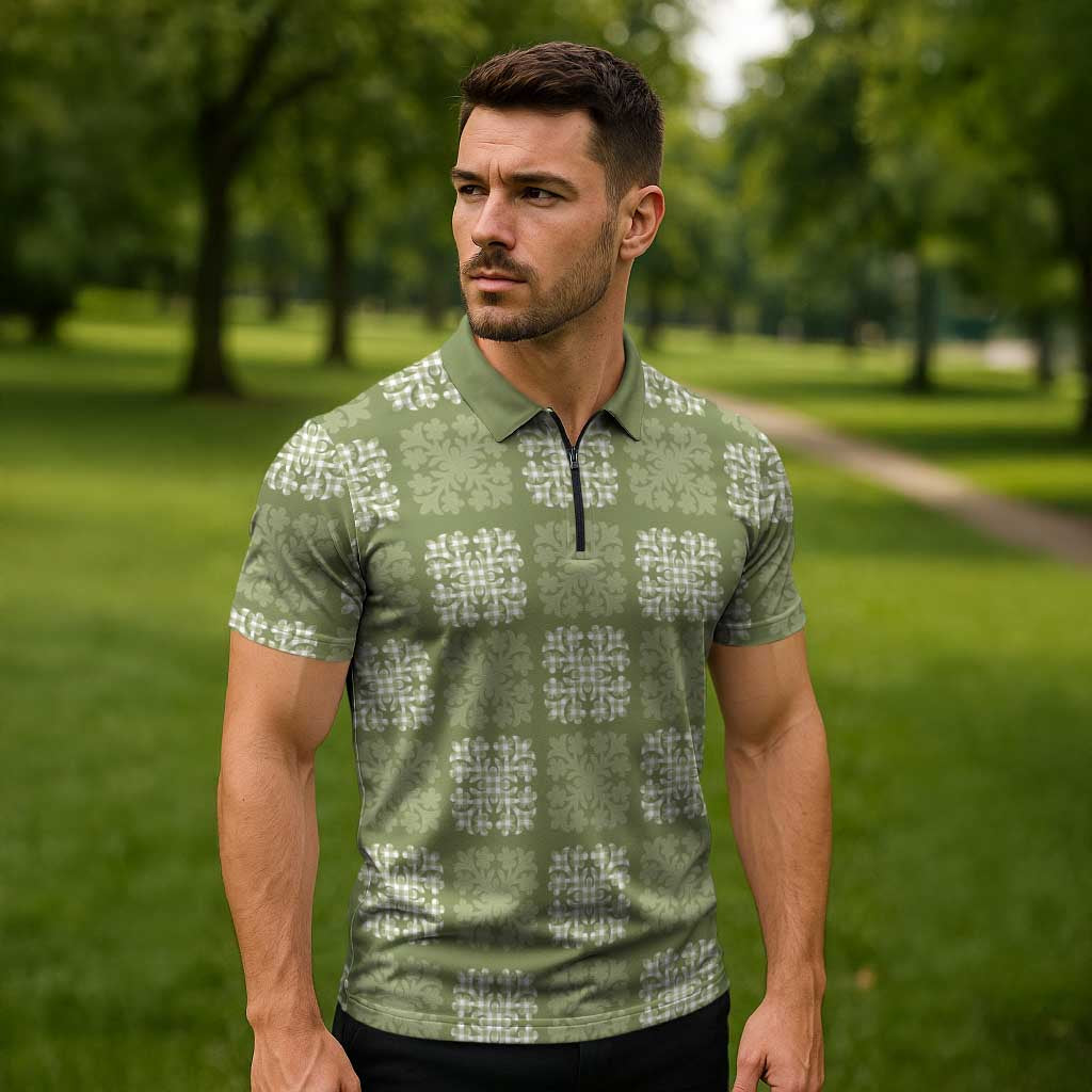 Vesuvian Green Palaka Quilt Hawaii Zipper Polo Shirt Traditional Hawaii-plaid Pattern - Polynesian Pride