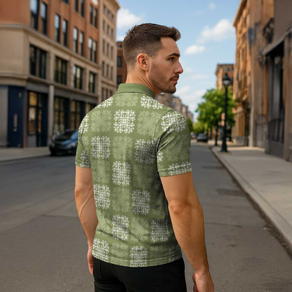 Vesuvian Green Palaka Quilt Hawaii Zipper Polo Shirt Traditional Hawaii-plaid Pattern - Polynesian Pride