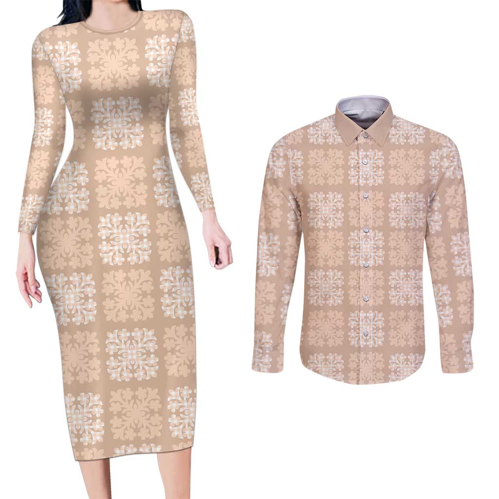 Beige Palaka Quilt Hawaii Couples Matching Long Sleeve Bodycon Dress and Long Sleeve Button Shirt Traditional Hawaii-plaid Pattern - Polynesian Pride