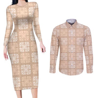 Beige Palaka Quilt Hawaii Couples Matching Long Sleeve Bodycon Dress and Long Sleeve Button Shirt Traditional Hawaii-plaid Pattern - Polynesian Pride