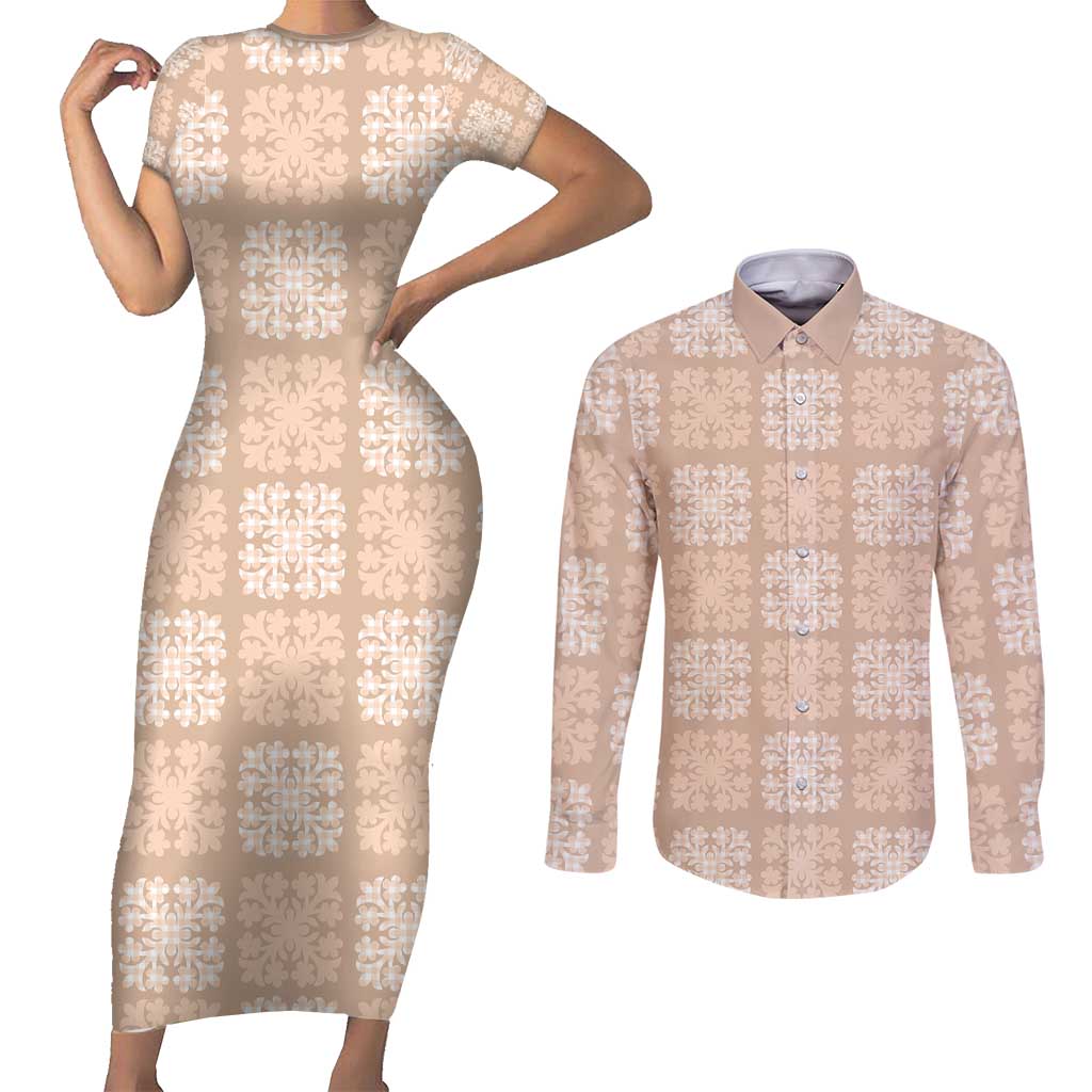 Beige Palaka Quilt Hawaii Couples Matching Short Sleeve Bodycon Dress and Long Sleeve Button Shirt Traditional Hawaii-plaid Pattern - Polynesian Pride