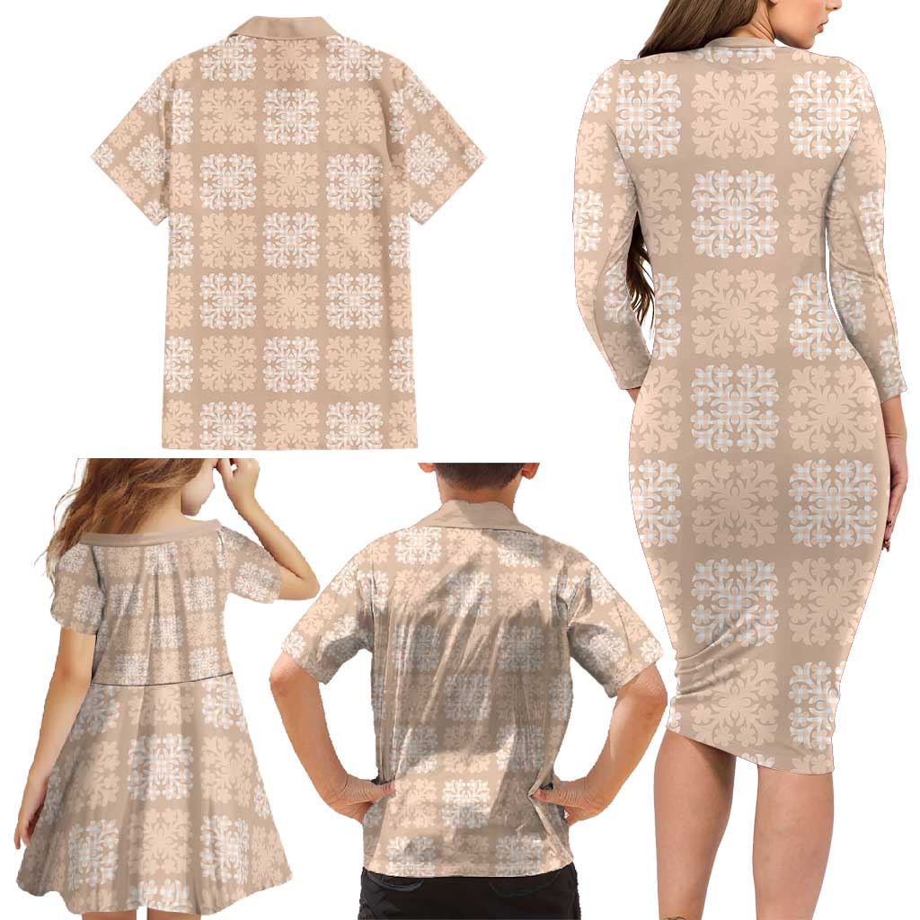 Beige Palaka Quilt Hawaii Family Matching Long Sleeve Bodycon Dress and Hawaiian Shirt Traditional Hawaii-plaid Pattern LT14 - Polynesian Pride