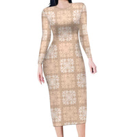Beige Palaka Quilt Hawaii Family Matching Long Sleeve Bodycon Dress and Hawaiian Shirt Traditional Hawaii-plaid Pattern LT14 Mom's Dress Beige - Polynesian Pride