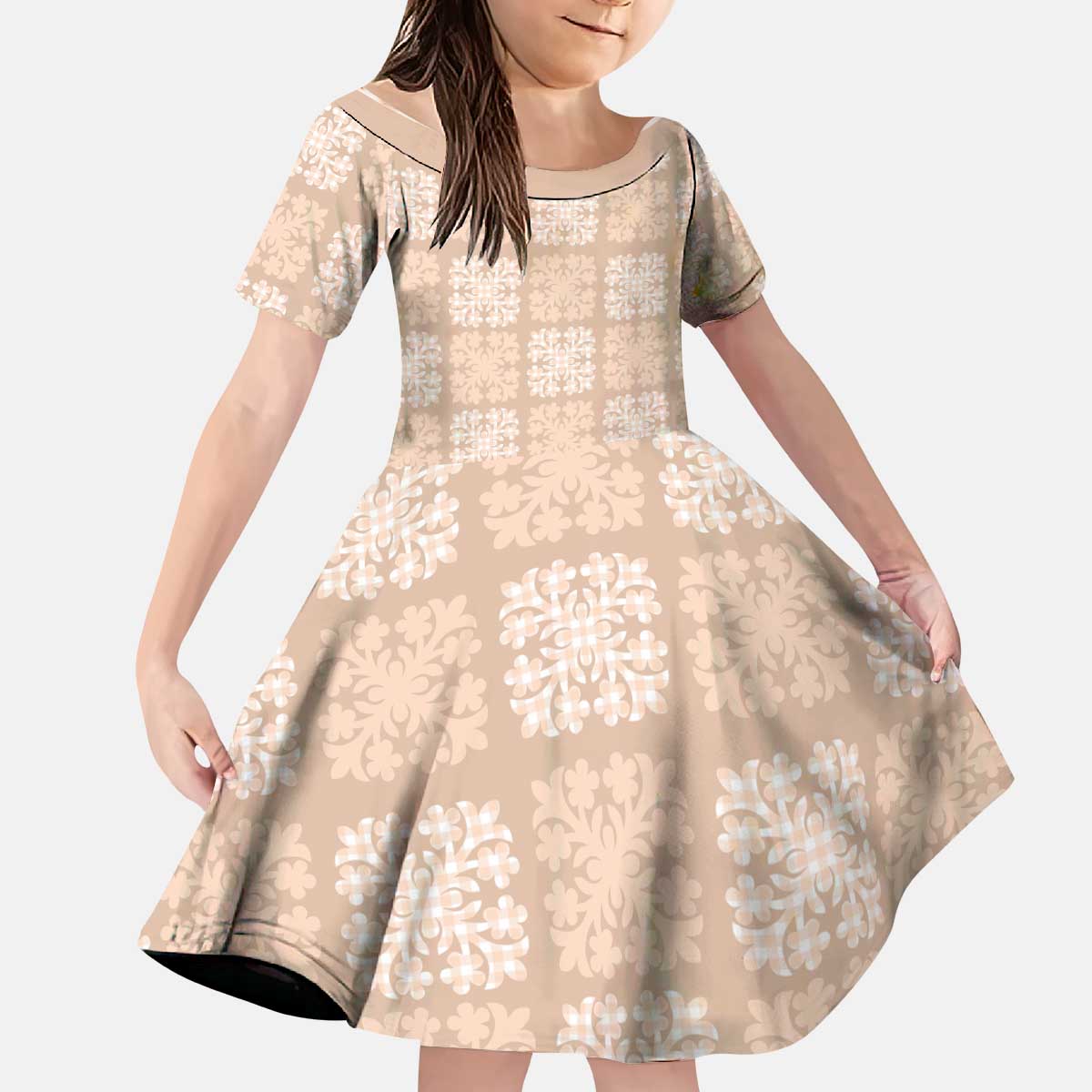 Beige Palaka Quilt Hawaii Kid Short Sleeve Dress Traditional Hawaii-plaid Pattern - Polynesian Pride