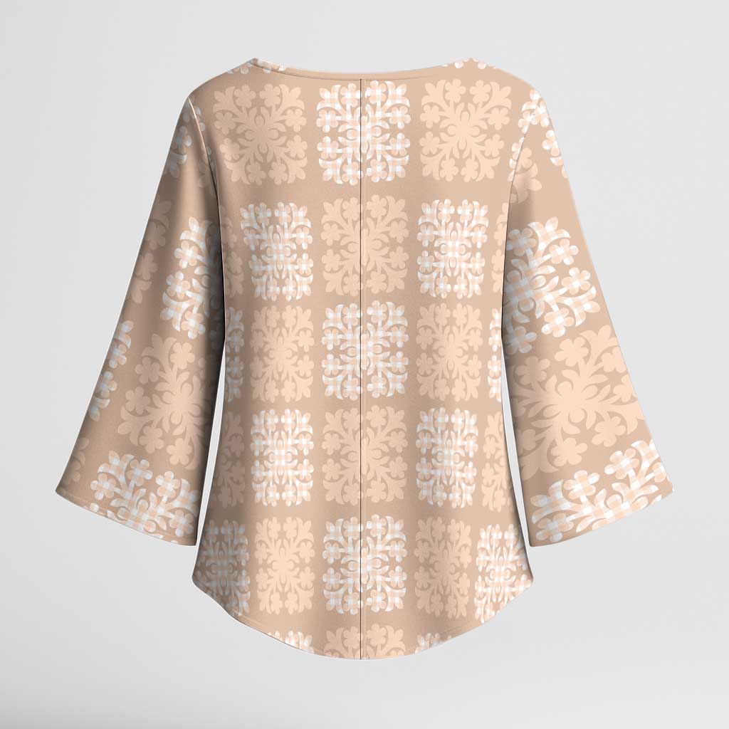 Beige Palaka Quilt Hawaii Kimono Sleeve Blouse Traditional Hawaii-plaid Pattern - Polynesian Pride