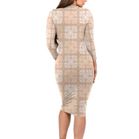 Beige Palaka Quilt Hawaii Long Sleeve Bodycon Dress Traditional Hawaii-plaid Pattern - Polynesian Pride
