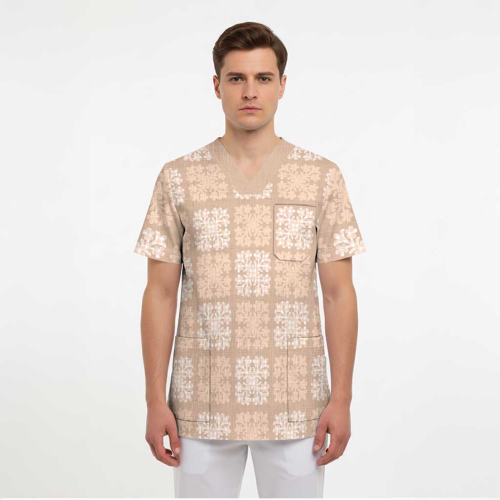 Beige Palaka Quilt Hawaii Scrub Top Traditional Hawaii-plaid Pattern - Polynesian Pride