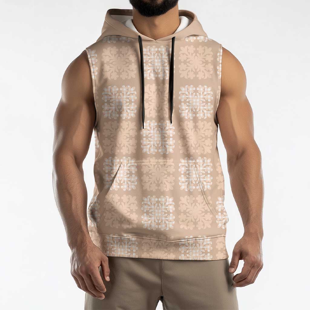 Beige Palaka Quilt Hawaii Sleeveless Hoodie Traditional Hawaii-plaid Pattern - Polynesian Pride