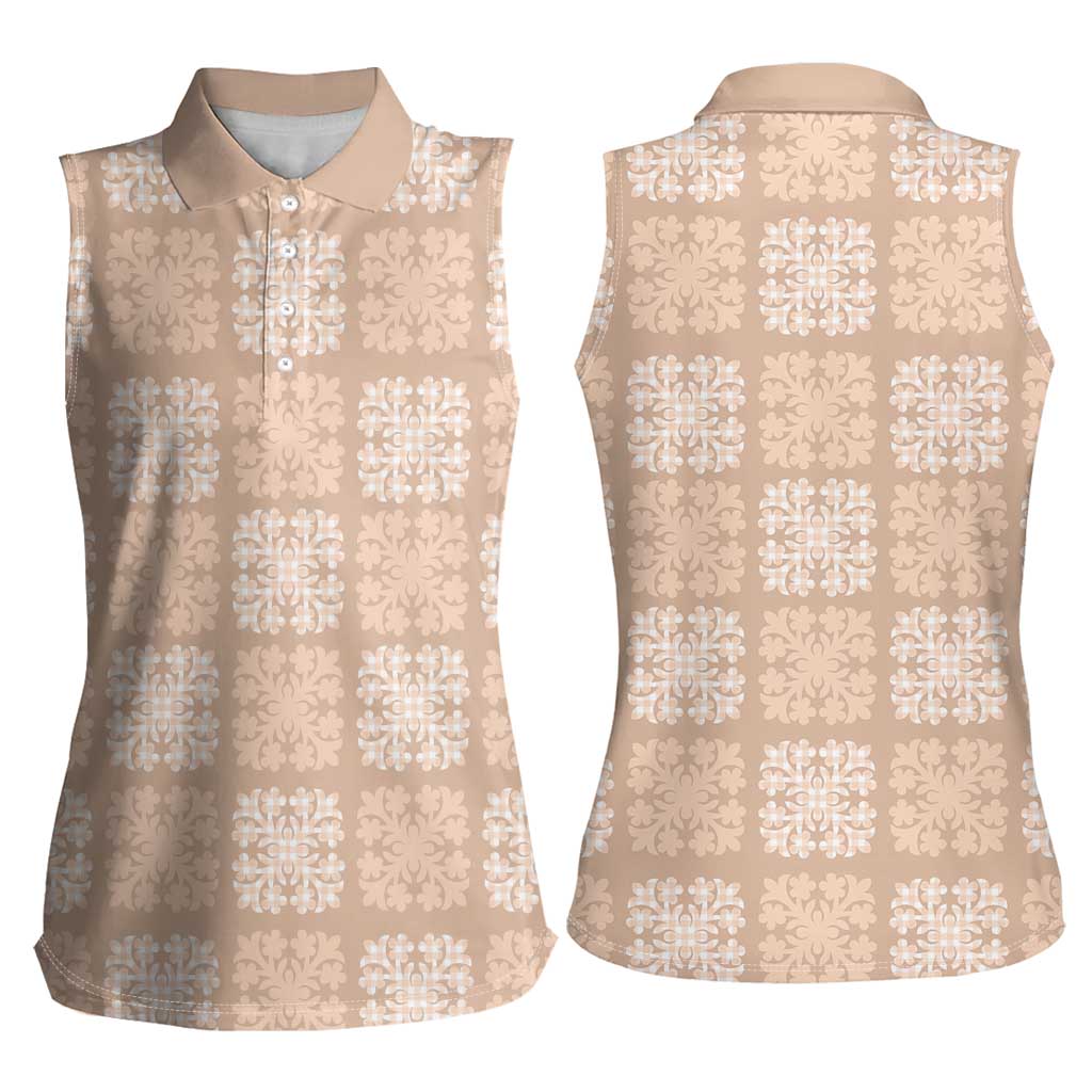 Beige Palaka Quilt Hawaii Women Sleeveless Polo Shirt Traditional Hawaii-plaid Pattern - Polynesian Pride