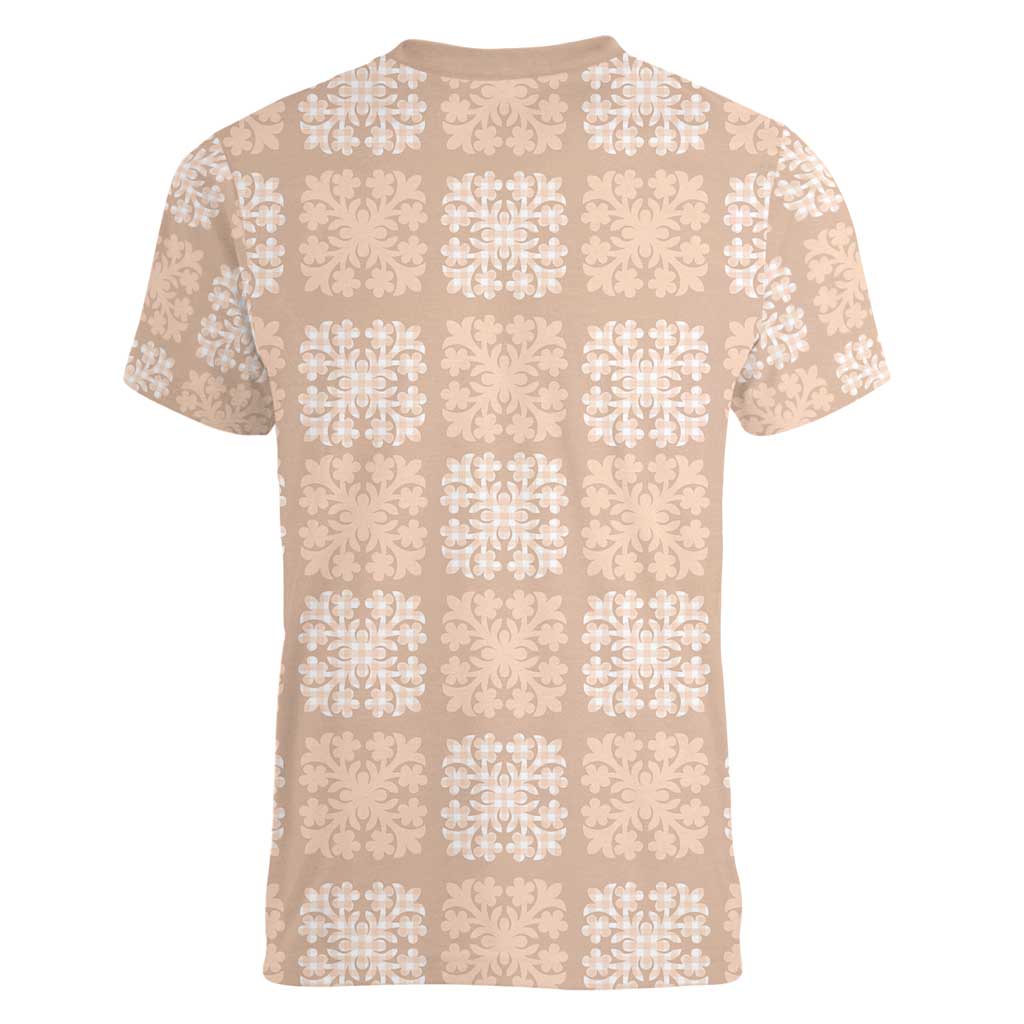 Beige Palaka Quilt Hawaii Women V-Neck T-Shirt Traditional Hawaii-plaid Pattern - Polynesian Pride