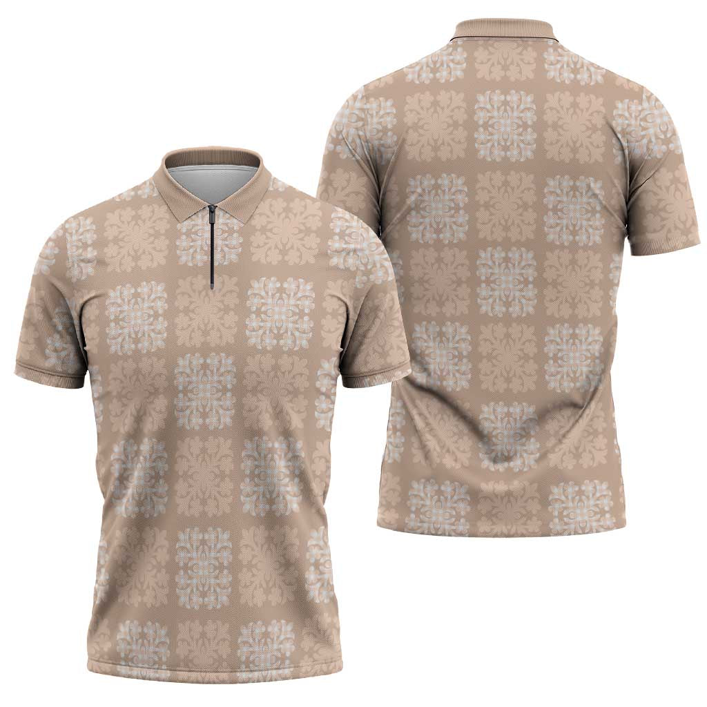 Beige Palaka Quilt Hawaii Zipper Polo Shirt Traditional Hawaii-plaid Pattern - Polynesian Pride