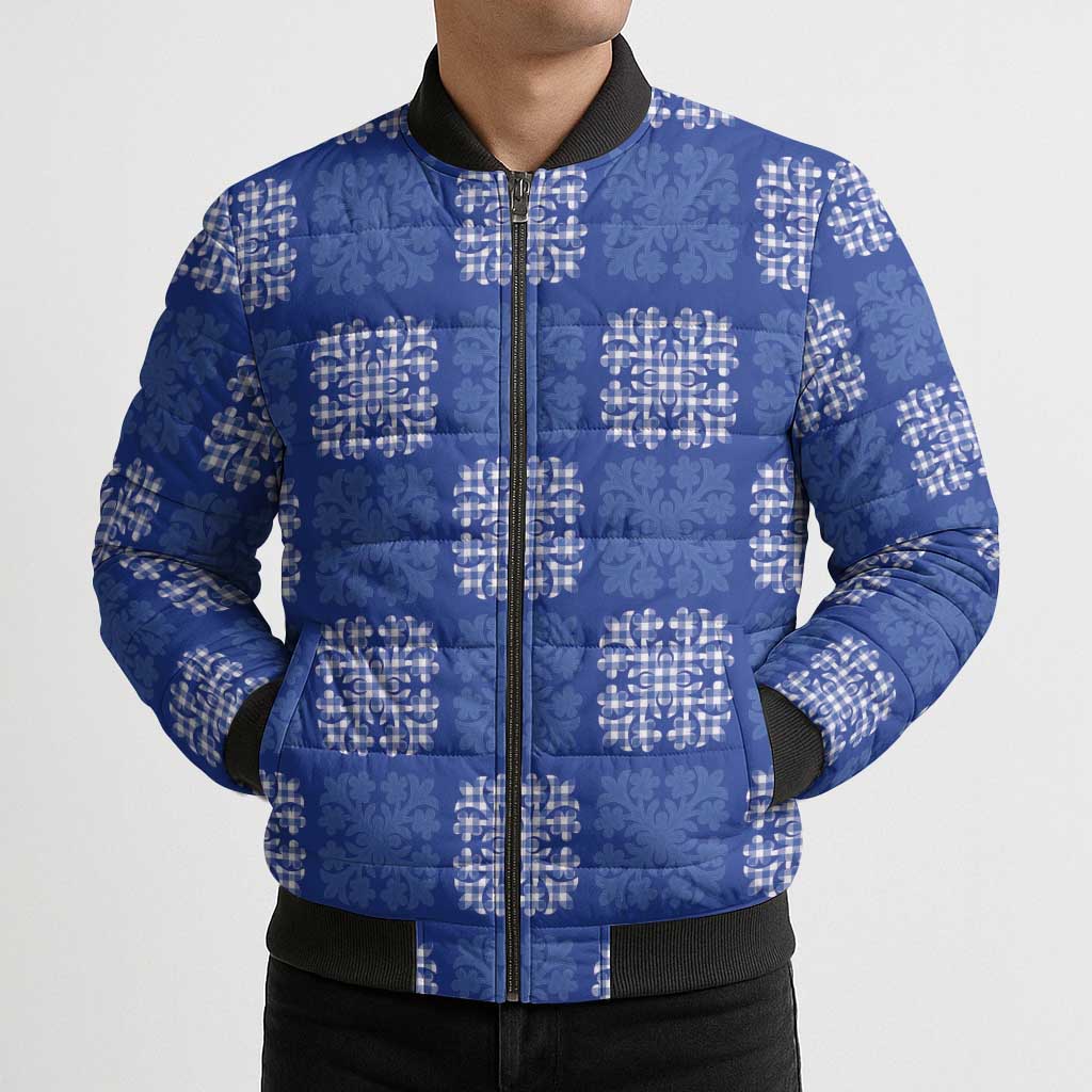 Royal Blue Palaka Quilt Hawaii Bomber Puffer Jacket Traditional Hawaii-plaid Pattern - Polynesian Pride