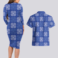 Royal Blue Palaka Quilt Hawaii Couples Matching Long Sleeve Bodycon Dress and Hawaiian Shirt Traditional Hawaii-plaid Pattern - Polynesian Pride